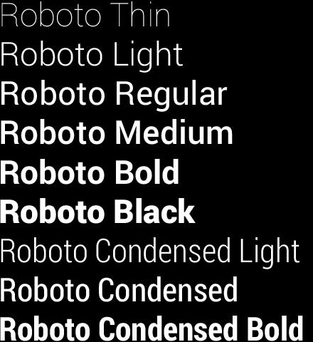 Typography The current TextView framework offers Roboto in thin, light, regular and bold weights, along with an italic style for each weight.