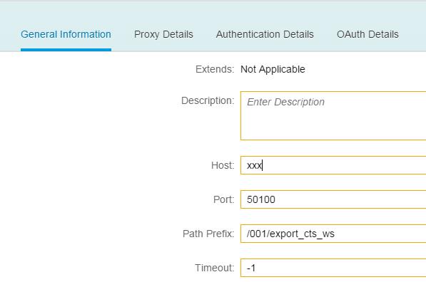 Enter the Alias that you configured in Activate CTS Export Web Services (e.g. /001/export_cts_ws) as the Path Prefix Maintain the section Authentication according to your needs.