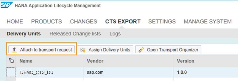 1. Go to CTS Export Delivery Units Mark one or several Delivery Units and click Attach to transport request. 2. On the pop-up, you can see which transport request is used.