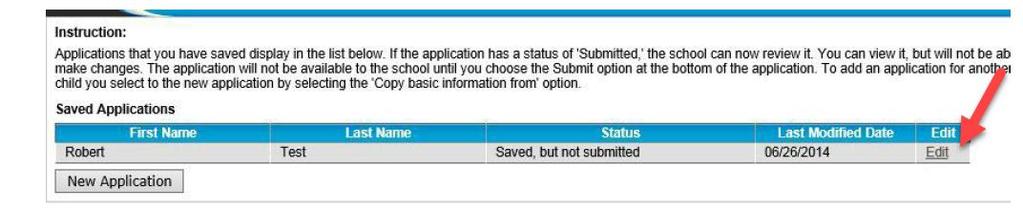 Once you have successfully logged in to Enrollment Online, you should see the Saved Application for your student: Click on Edit for the application you wish to continue