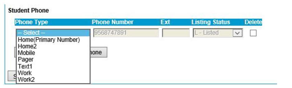 This information is specific to the student. Guardian phone information follows later. Under Phone Type, select the type of phone number (Home, cell, work, etc).