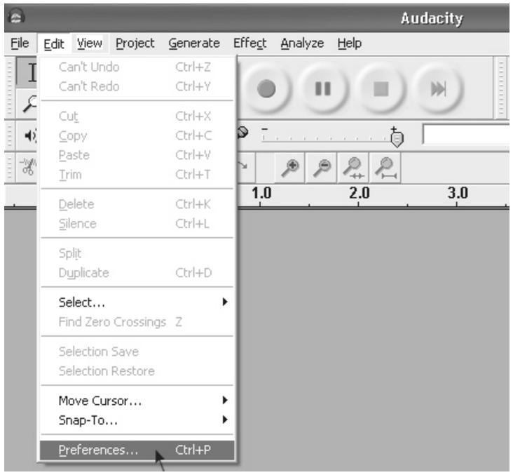 AUDACITY PREFERENCES 1. Click Edit on the Audacity interface, select Preferences. The screen will show the Audacity Preferences.