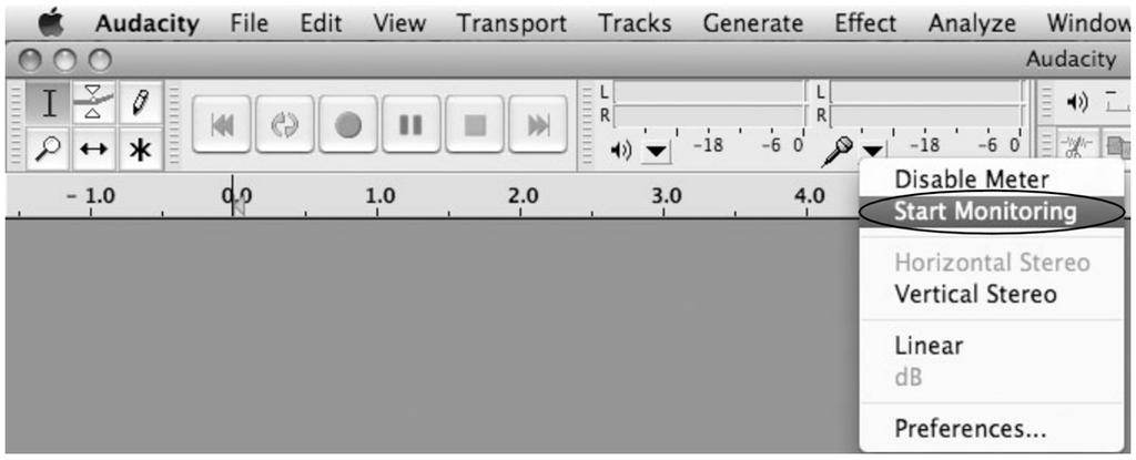Audacity Interface---Settings and controls. At the top of the main Audacity window, to the right of the play control buttons, you will see the input and output level meters (labeled L and R).