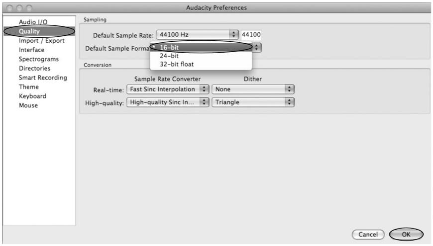 3. Under the Quality tab, set the Default Sample Format to 16 bit. Select OK to save your setting and close the preferences window. TO SET THE SMART RECORDING 1.