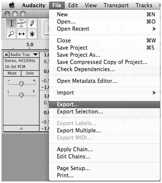 1. Click on the File tab in the Audacity interface. Select Export to save the file. 2. The window below will pop up after clicking Export.