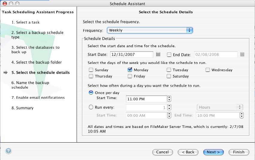 - FileMaker 9 Schedule Examples FileMaker Server for Macintosh (version 7/8): 24 hours, while providing