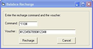 21) Click Recharge. The following window appear: 22) In the Command enter the balance recharge command. 23) In the Voucher enter the recharge voucher. 24) Click Recharge.