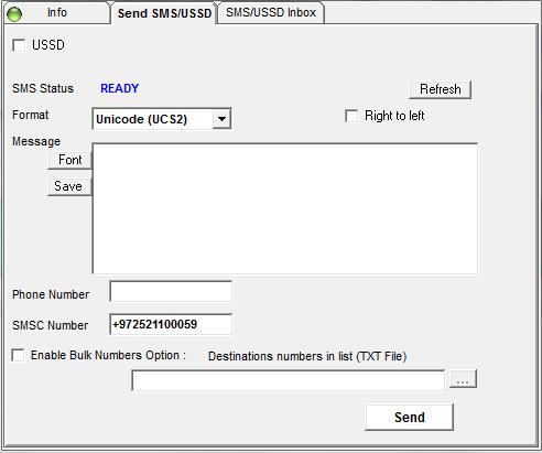 3) Click Send SMS/USSD tab. The following window appears: 4) In Format, select the format of the SMS. 5) When writing in a language from right to left, click the Right to Left box.