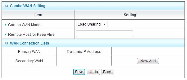 (a) Load Sharing The feature of Load Sharing will activate 3G WAN and Ethernet WAN simultaneously. 1. Combo WAN Mode Choose Load Sharing mode. 2.