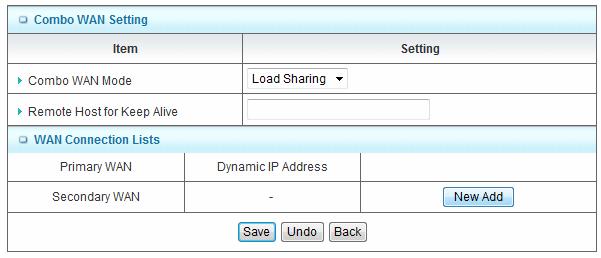 Primary WAN The primary WAN is the WAN type you set at Internet Setup page. 4. Secondary WAN Press New Add button to add the secondary WAN.
