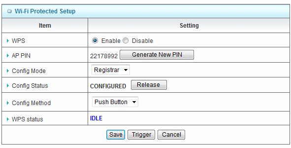 By pressing WPS Setup, you can configure and enable the easy setup feature WPS (Wi-Fi Protection Setup) for your wireless network. 1. WPS You can enable this function by selecting Enable.