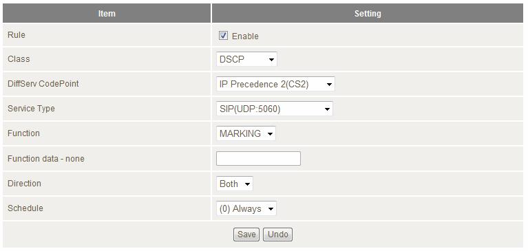 DSCP marking You can add your inbound / outbound packets a DCSP marking, For example Please mark CS3 when an packet in/ out via UDP port 5060.