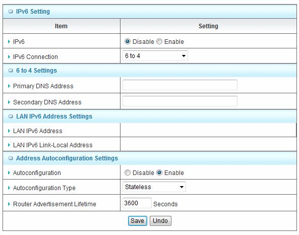 (D) 6 to 4 1. 2. 3. IPv6 DNS settings The 6 to 4 address will be showed automatically when WAN gets a public IPv4 address.