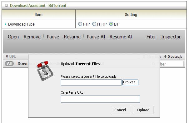 Start BT download First, you have to get a seed file, which we called torrent. Then click the Open link on UI, it would pop up a sub menu to let you upload.