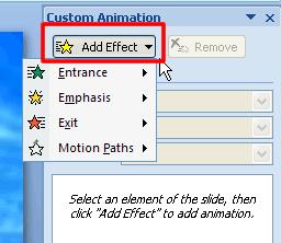 This opens the custom animation dialog box that will appear at the right of your document.