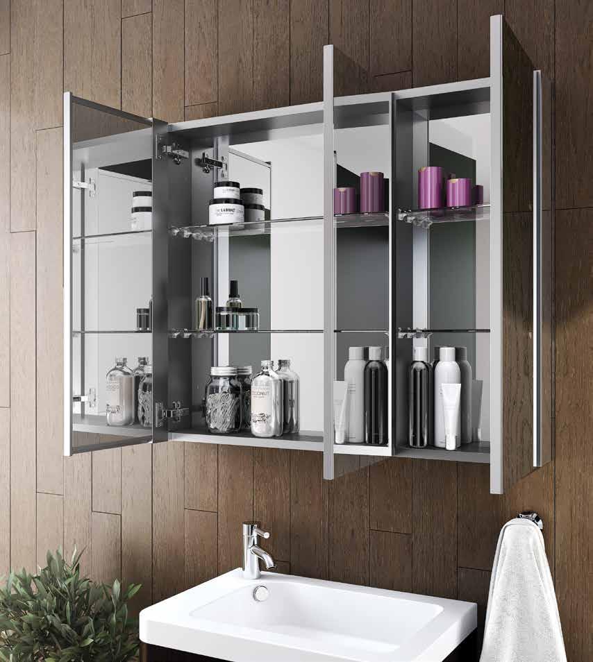 SINGLE VIEW FEATURES + BENEFITS Copper free mirror Interior & exterior mirrors 8mm, ultra clear adjustable glass shelves Anodized aluminum body