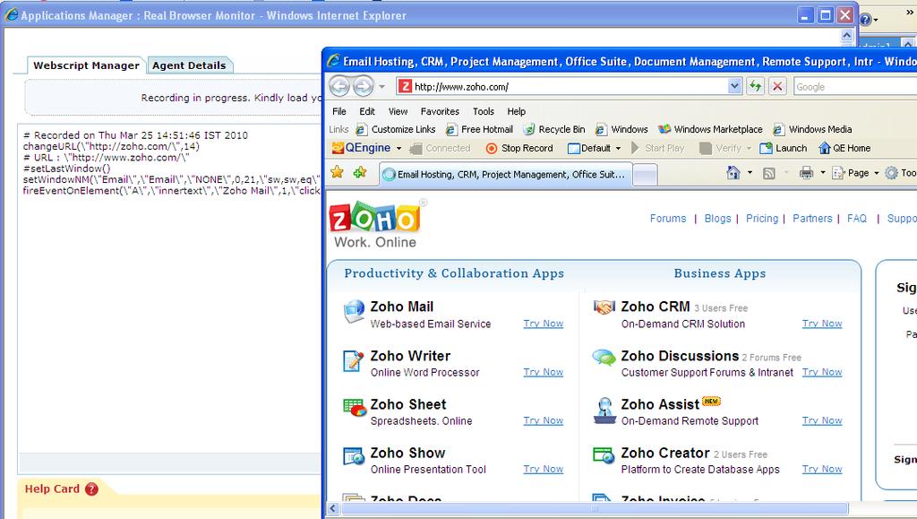 Real Browser Monitor Records transactions with IE toolbar Stores user actions as web scripts Play back web scripts from