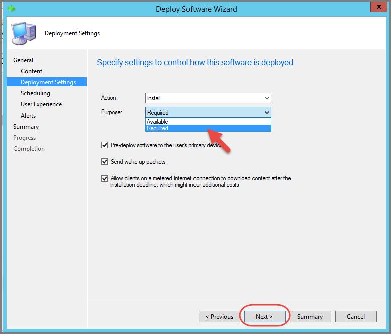 In the Specify settings to control how this software is deployed window, select