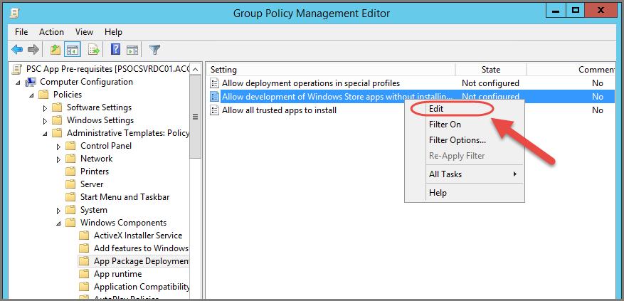 Figure 7 4. In the Group Policy Editor, browse to Computer Configuration Policies Administrative Template Policy Windows Components App Package Deployment.