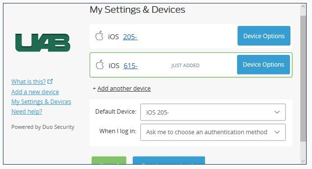 Figure 4: On the "My Settings & Devices" page, you can manage an existing mobile device, add another device for use with Duo, and set a specific device as the default for all Duo-related actions. a. Change the device s name: i.