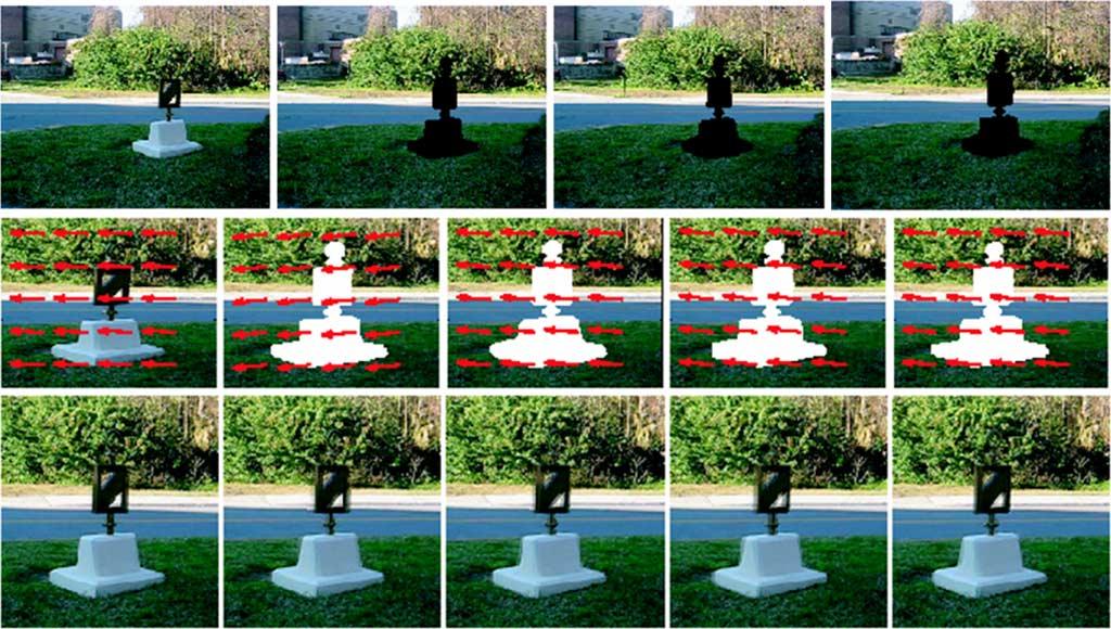 First row: Frames of a video sequence, where the statue is artificially removed from the midframes. Second row: SPREF directions are superimposed on their respective frames.
