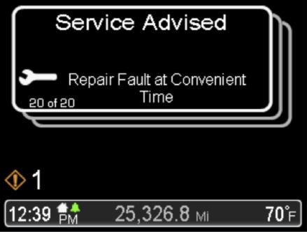 Seek Service Immediately Conditions such as turbocharger faults, high fuel temperatures, ECU errors, low oil pressure, and aftertreatment faults result in this alert.