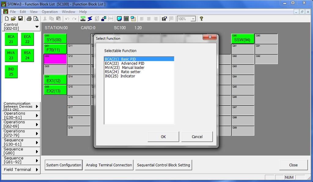 4 ASSIGNING PID CONTROL BLOCK Double-click the placed SC100 icon in System Configuration view to open Function Block List view. Control function blocks can be assigned to Groups 02 and 03.