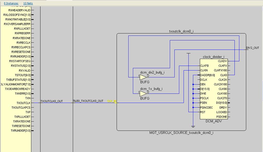 Step 12: Placing Gigabit Transceivers and Clock Logic 2. In the Find Results view, click the Schematic button. 3. In the Schematic view, select Expand all logic outside selected the instance.