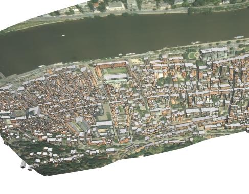 32 Brenner Figure 8: Automatically reconstructed buildings for the Heidelberg dataset (1400 buildings), with ortho image and roof texture from aerial image. 5.