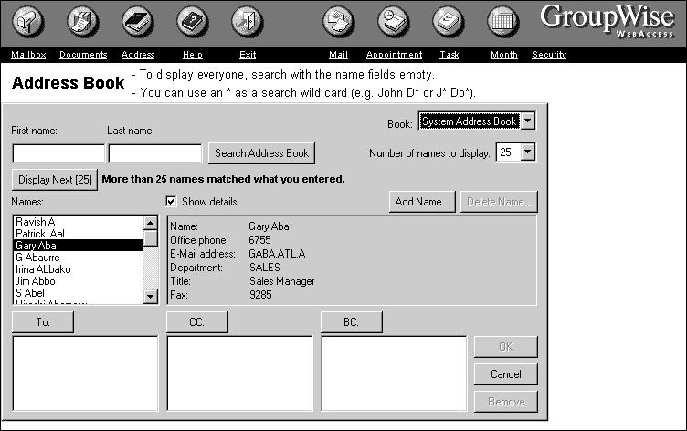 Using the Address Book The Java-Enhanced version of WebAccess has an Address Book that s easier to use than the Frames and No-Frames versions.