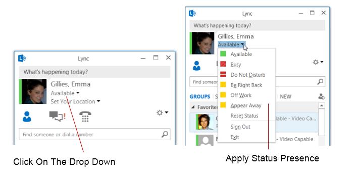 Presence Presence shows your availability to your contacts on Lync.