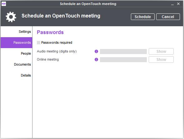 6 Secure access to the meeting You can protect access to the meeting by using passwords. Select the Passwords tab. You can define a password for audio meetings (digits only).