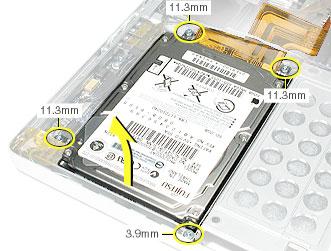 Remove the sound board flex cable. 2. Disconnect the hard drive flex cable. 3. Remove the four screws. 4.