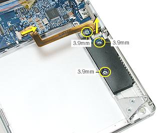 Procedure 1. Release the two ZIF connectors and remove the flex cable. 2. Remove the three screws. 3. Install the replacement backup battery board.