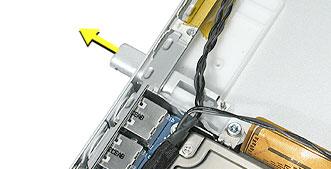 Important: To avoid damage, do not allow the pins of the AirPort Extreme card cable connector to rub along the logic board.