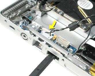 5. Install the replacement DC-in board, and reassemble the computer. Note: Insert a black stick into the USB port opening to guide the board into place. 6.