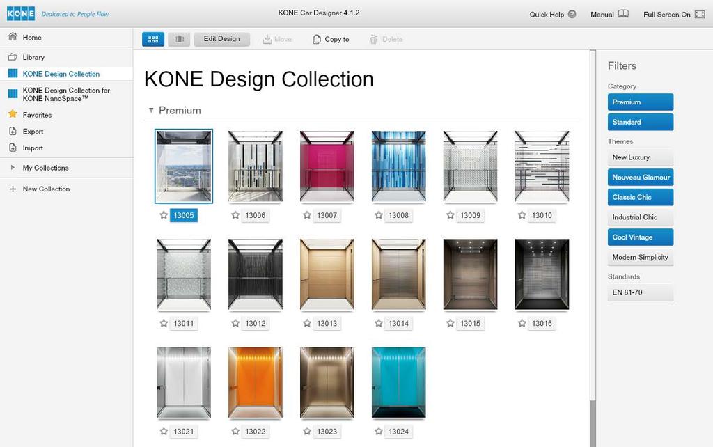 1. When you click on KONE Design Collection or KONE Design Collection for KONE NanoSpace in the left pane, you will see the collection displayed in gallery mode with thumbnails. 2.