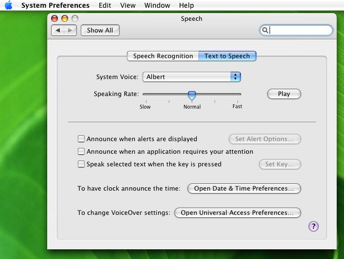Section V About Text-to-Speech and Voice Packs Linux: Enabling Text-to-Speech and Default Settings Step 2. Access Speech Options. 1. In the System Preferences screen, select the [Speech] icon.