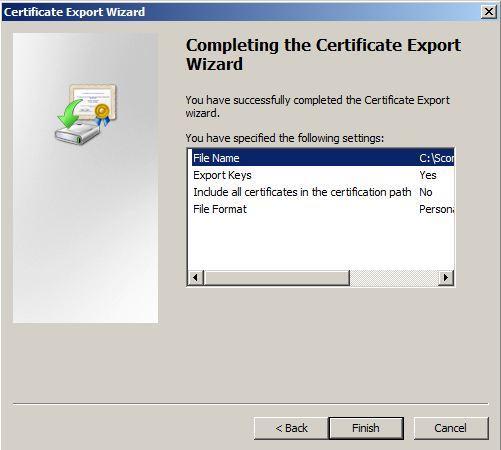 Complete the certificate export wizard by clicking Finish.
