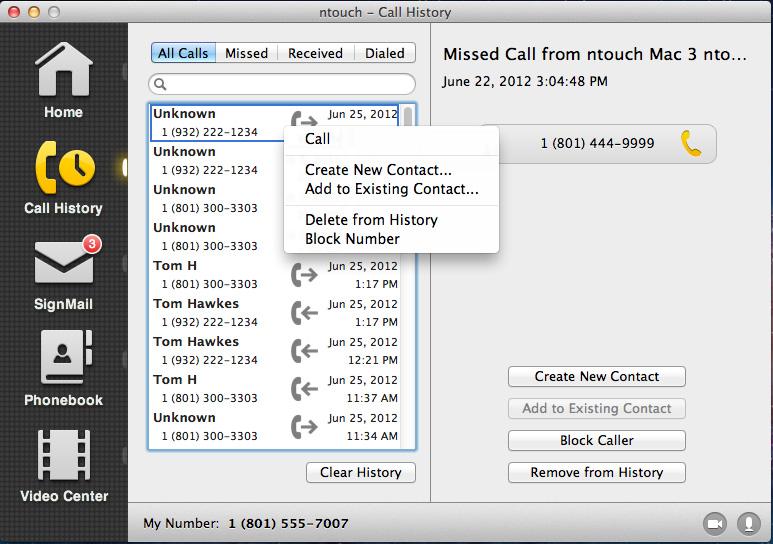 See Call History To Use the Context Menu Control-click (or right-click) on a call in any one of the Call History lists. The context menu will then appear as shown below.