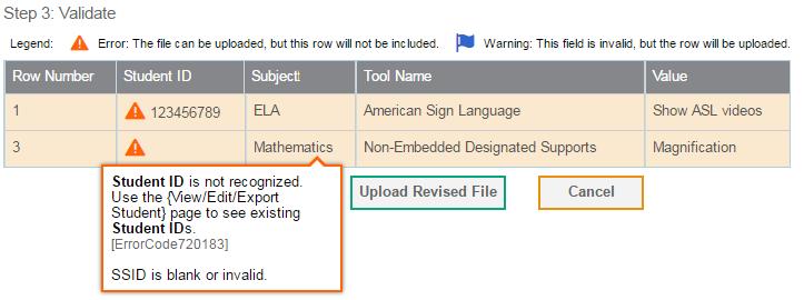 Step 3: Validate File (see Figure 23) 1. TIDE validates the file to ensure that there are no data or layout errors. Figure 23. Upload Student Settings Step 3 2.