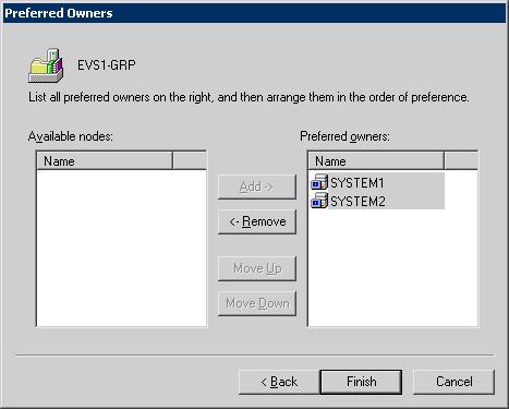 208 Deploying SFW with MSCS: New Exchange installation Creating an Exchange virtual server group (Exchange 2003) 4 In the Preferred Owners dialog box, make