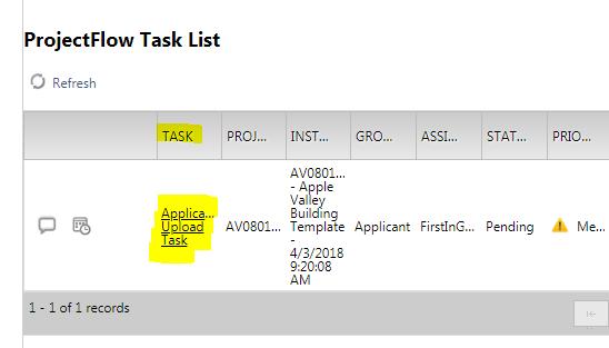 Apple Valley ProjectDox User Guide Page 7 of 8 Under the Task column, click the underlined task. The task in the photo below says Applicant Upload Task. See photo below. Accept the task.