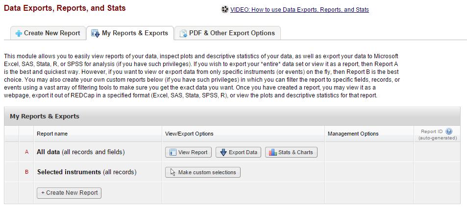 Applications Data Exports, Reports and Stats This will allow you to easily view reports of your data as well as export your data to Microsoft Excel, SAS, Stata, R or SPSS