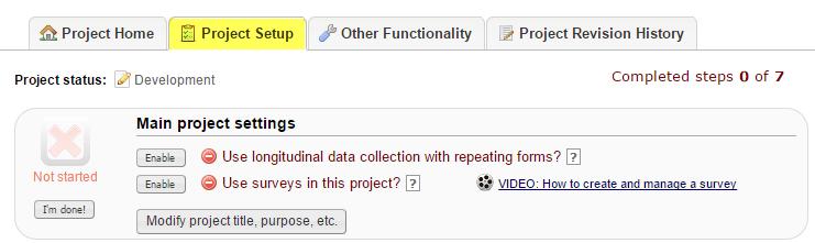 Project Setup Main project settings Select your data collection type: Use longitudinal data collection with repeating forms: Click Enable if your project will contain instruments that will be used to