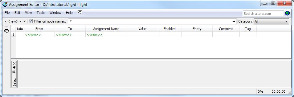 Figure 22. The Assignment Editor window. Pin assignments are made by using the Assignment Editor.
