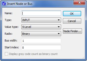 It is possible to type the name of a signal (pin) into the Name box, or use the Node Finder to search your project for the signals.