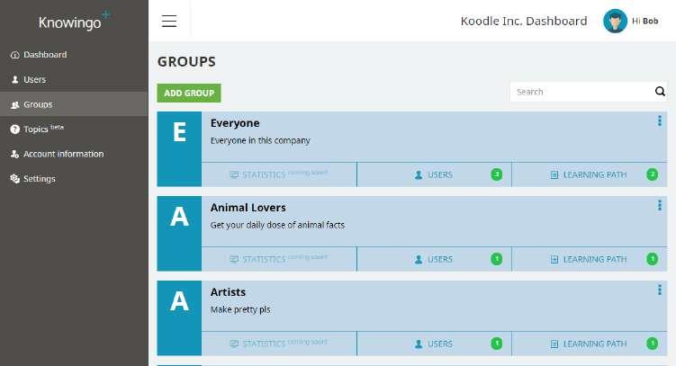 Groups Groups are handy for organization purposes. Assign specific departments, project groups, new employees, etc., to their own groups for simple content management.