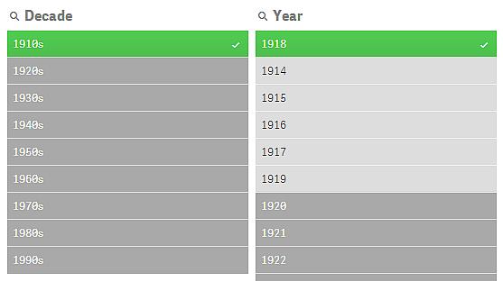 But if you select one of the possible values in the filter pane Year, all the values in Decade that were alternative become excluded instead.