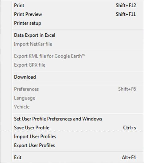 The File Pull-down menu allows the printing options, import and export functions, downloading of data, software, language, and vehicle preferences,